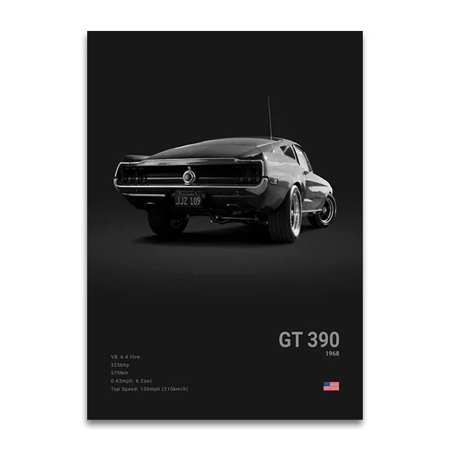 Toile Imprimée Ford Mustang GT390 1968 (Noir)