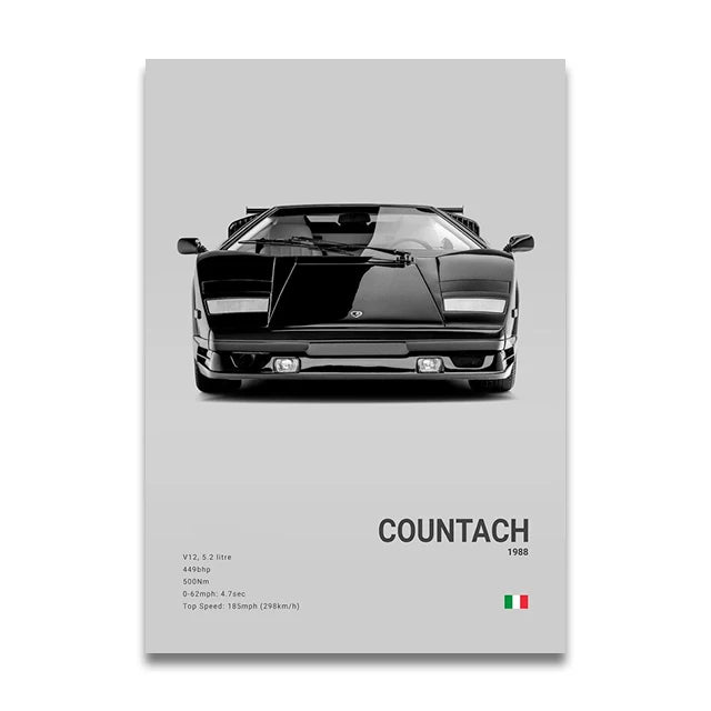 Toile Imprimée Lamborghini Countach 1988 (Gris)