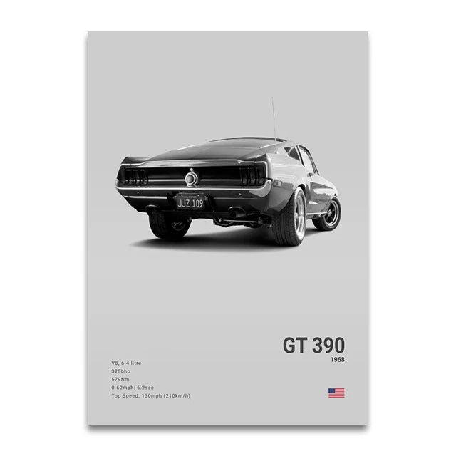 Toile Imprimée Ford Mustang GT390 1968 (Gris)