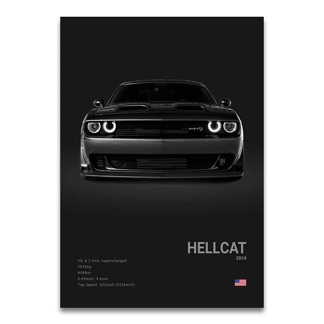 Toile Imprimée Dodge Challenger Hellcat (Noir)
